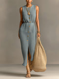Chic Elegant Haze Blue Round Neck Single-Breasted Sleeveless Loose-Fit Tailored Waist Knit Maxi Dress