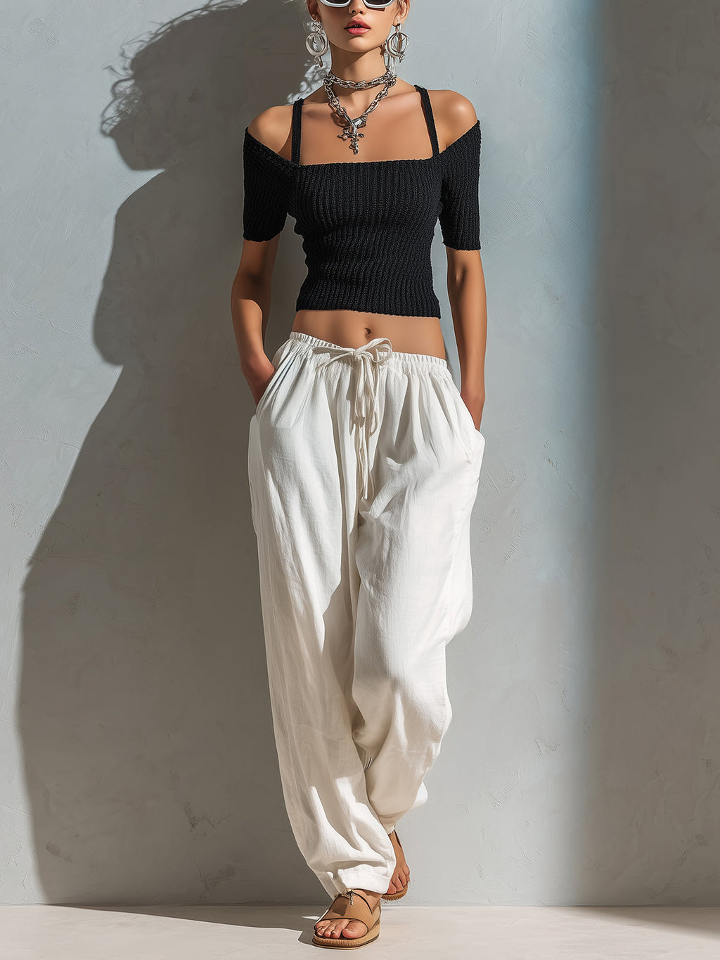 Chic Elegant Black Strappy Off-The-Shoulder Short-Sleeve Slim-Fit Knit Top White Cotton Linen Blend Drawstring-Waist Wide-Leg Pants Two-Piece Set