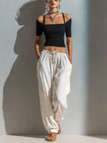 Chic Elegant Black Strappy Off-The-Shoulder Short-Sleeve Slim-Fit Knit Top White Cotton Linen Blend Drawstring-Waist Wide-Leg Pants Two-Piece Set