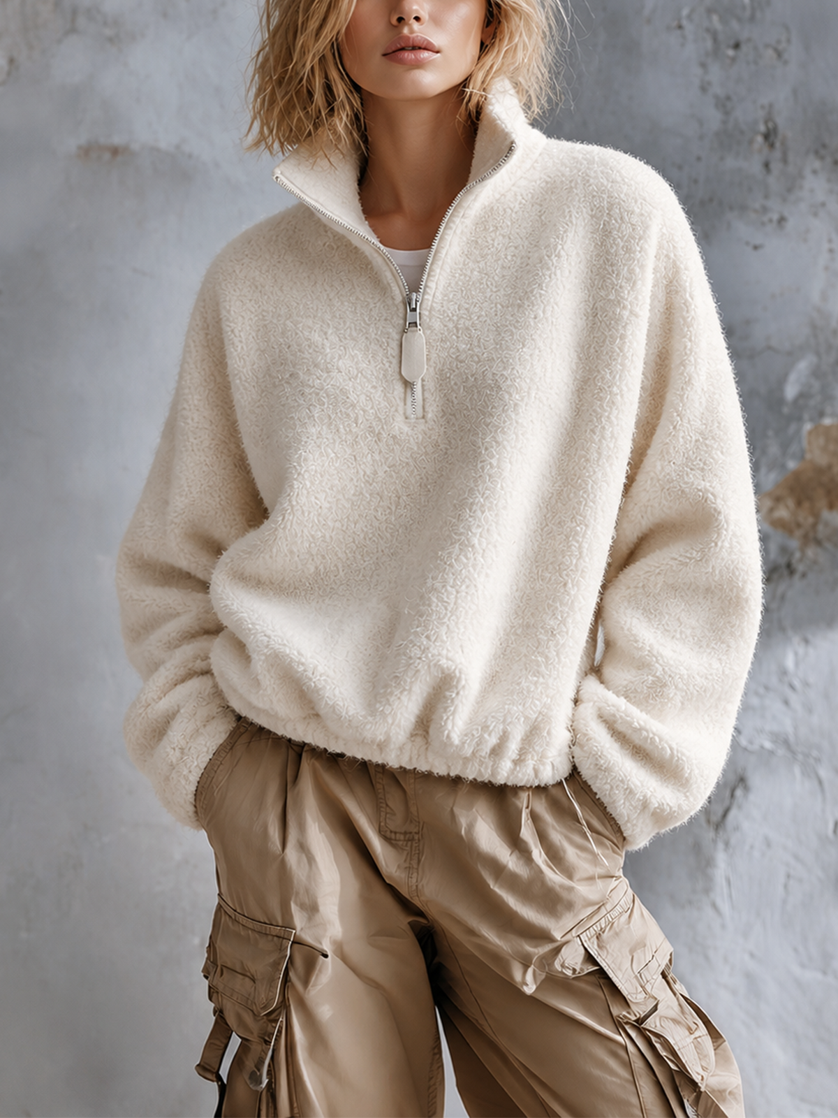 Chic Casual Off White Stand Collar Half‑Zip Dropped-Shoulder Long-Sleeve Elastic Hem Loose-Fit Sherpa Fleece Sweatshirt