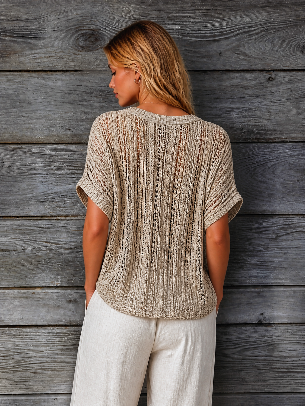 Chic Elegant Sand Beige V-Neck Batwing Short Sleeve Loose-Fit Hollow-Out Knit Sweater Top