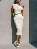 Chic Elegant Cream White One-Shoulder Sleeveless Loose-Fit Top Elastic Waist Midi Skirt Ribbed Knit Two-Piece Set