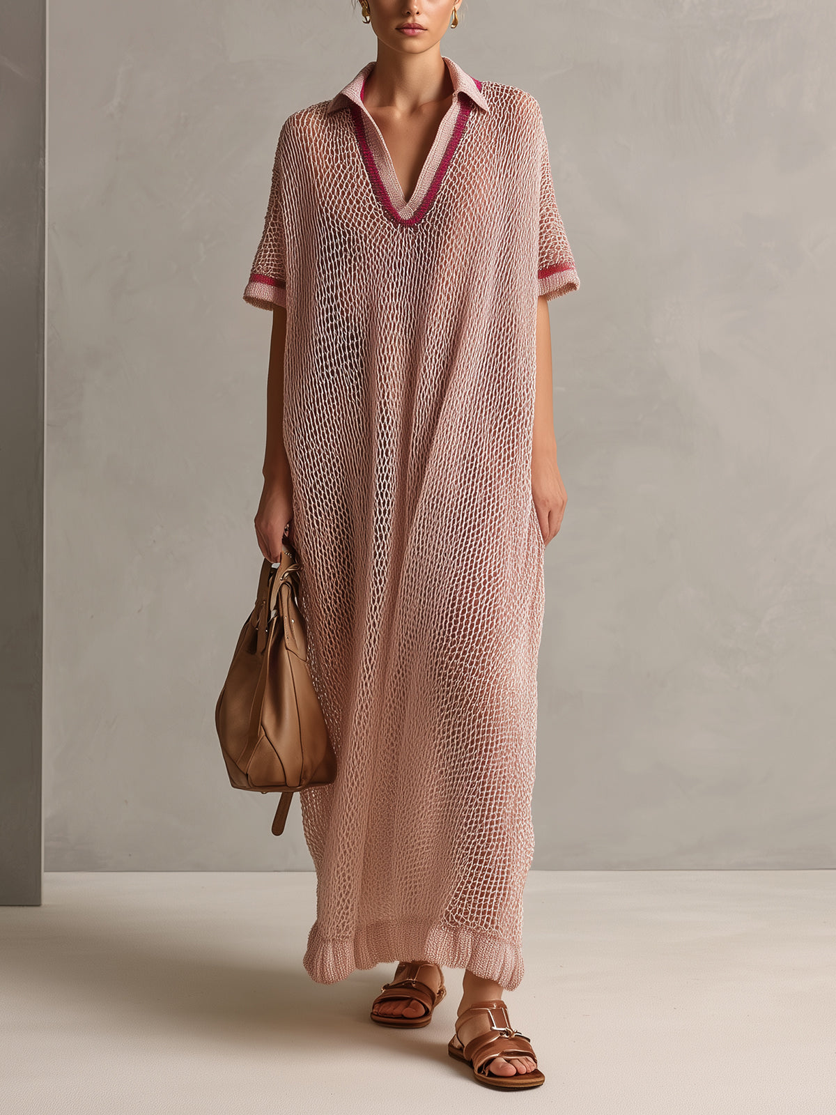 Chic Elegant Pink Lapel V-Neck Short-Sleeve Contrast Trim Detail Hollow Out Oversize Knit Maxi Dress