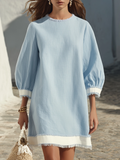 Mediterranean Resort Light Linen Fringe Trim Puff Sleeve Mini Dress