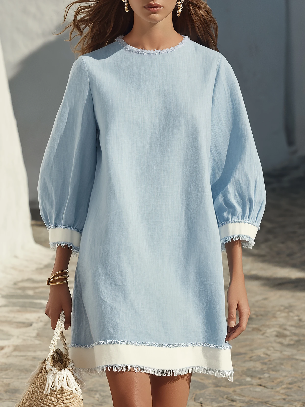 Mediterranean Resort Light Linen Fringe Trim Puff Sleeve Mini Dress