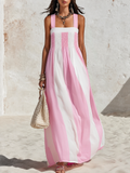 Resort Style Square Neck Sleeveless Striped Chiffon Maxi Dress