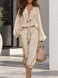 Elegant Flowing Versatile Tie-front V-neck Flared Sleeves Beige Chiffon Blouse And Pants Set
