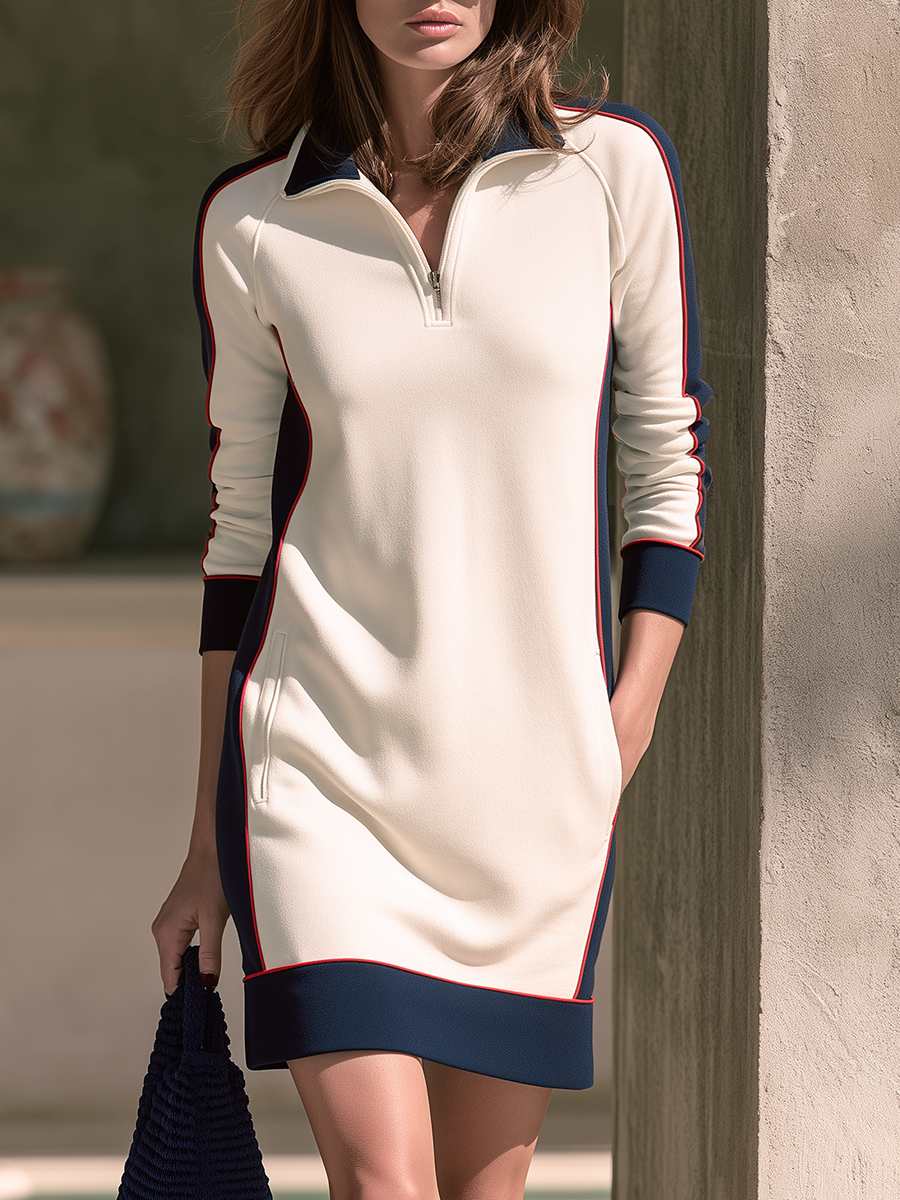 Casual Half-Zip Colorblock Long-Sleeve Mini Dress