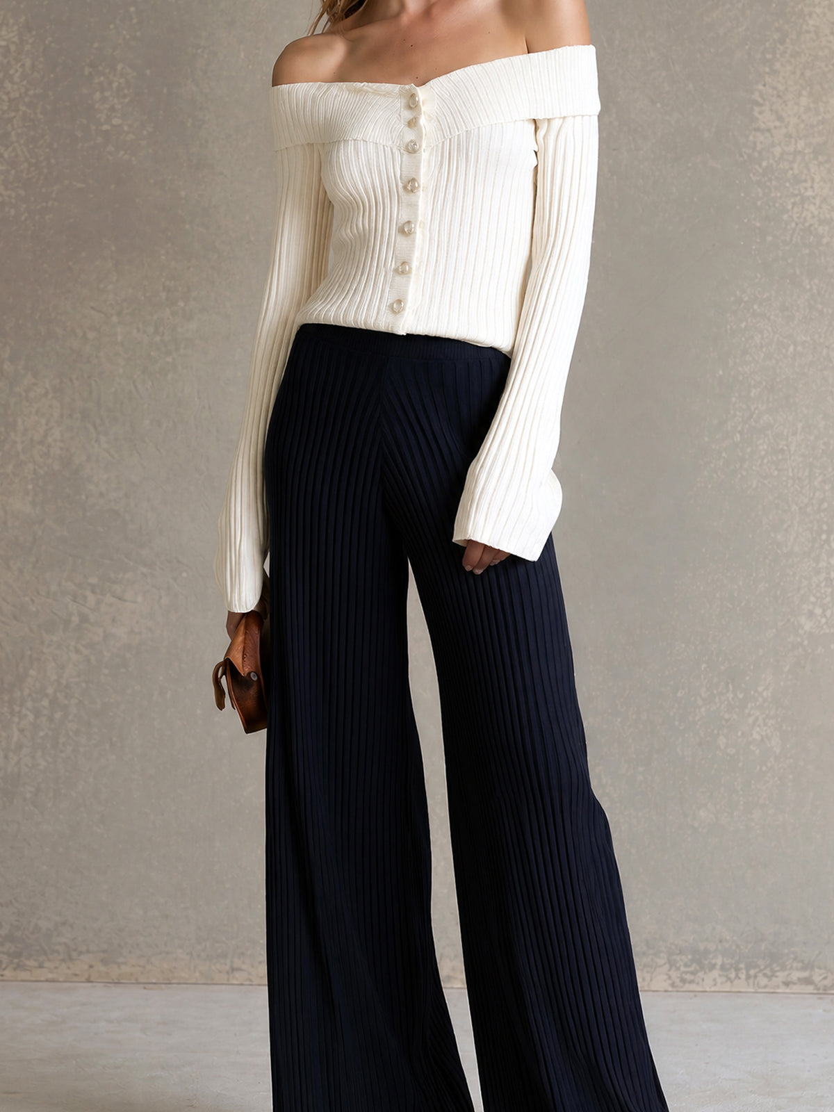 Chic Elegant Beige Off-The-Shoulder Long-Flare-Sleeve Single-Breasted Cardigan Top Navy Blue Wide-Leg Pants Ribbed Knit Two-Piece Set