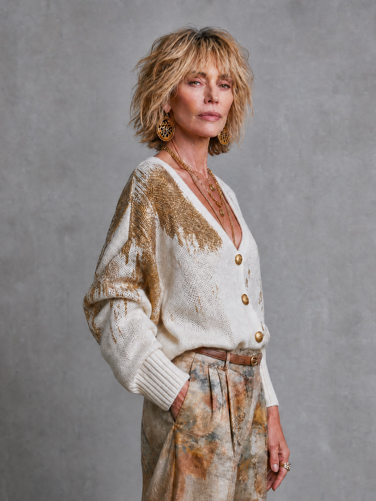 Chic White-Gold Color-Blocked  V-Neck Long Sleeved Single-Breasted Loose-Fit  Knit Cardigan Top