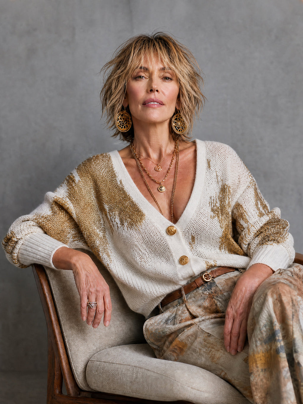Chic White-Gold Color-Blocked  V-Neck Long Sleeved Single-Breasted Loose-Fit  Knit Cardigan Top