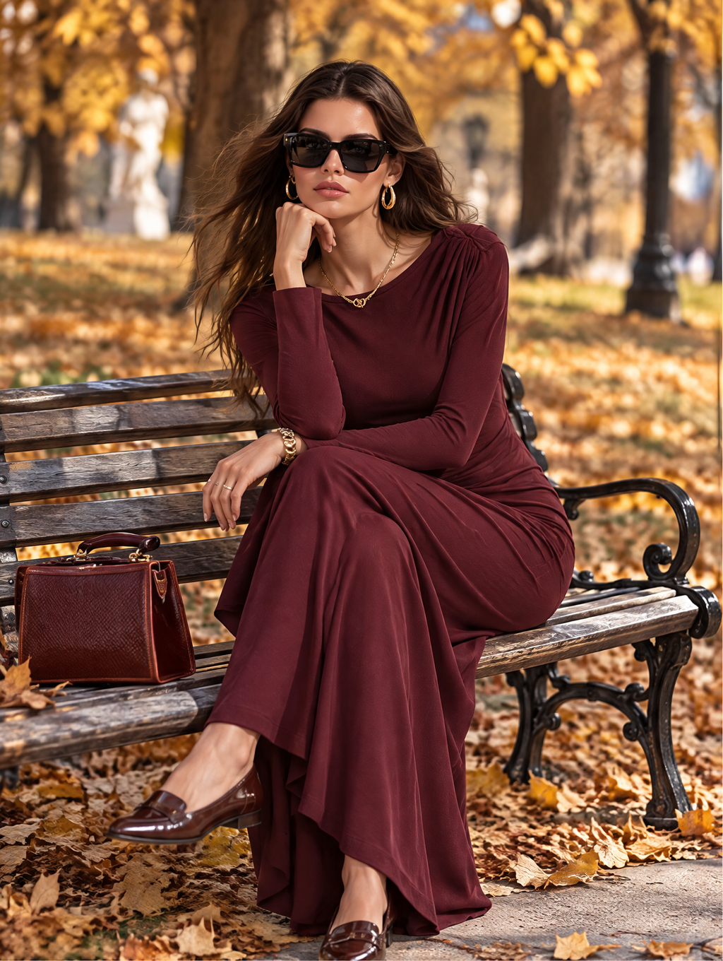 Resort-style Boat Neck Long-sleeved Pleated Solid Color Maxi Dress