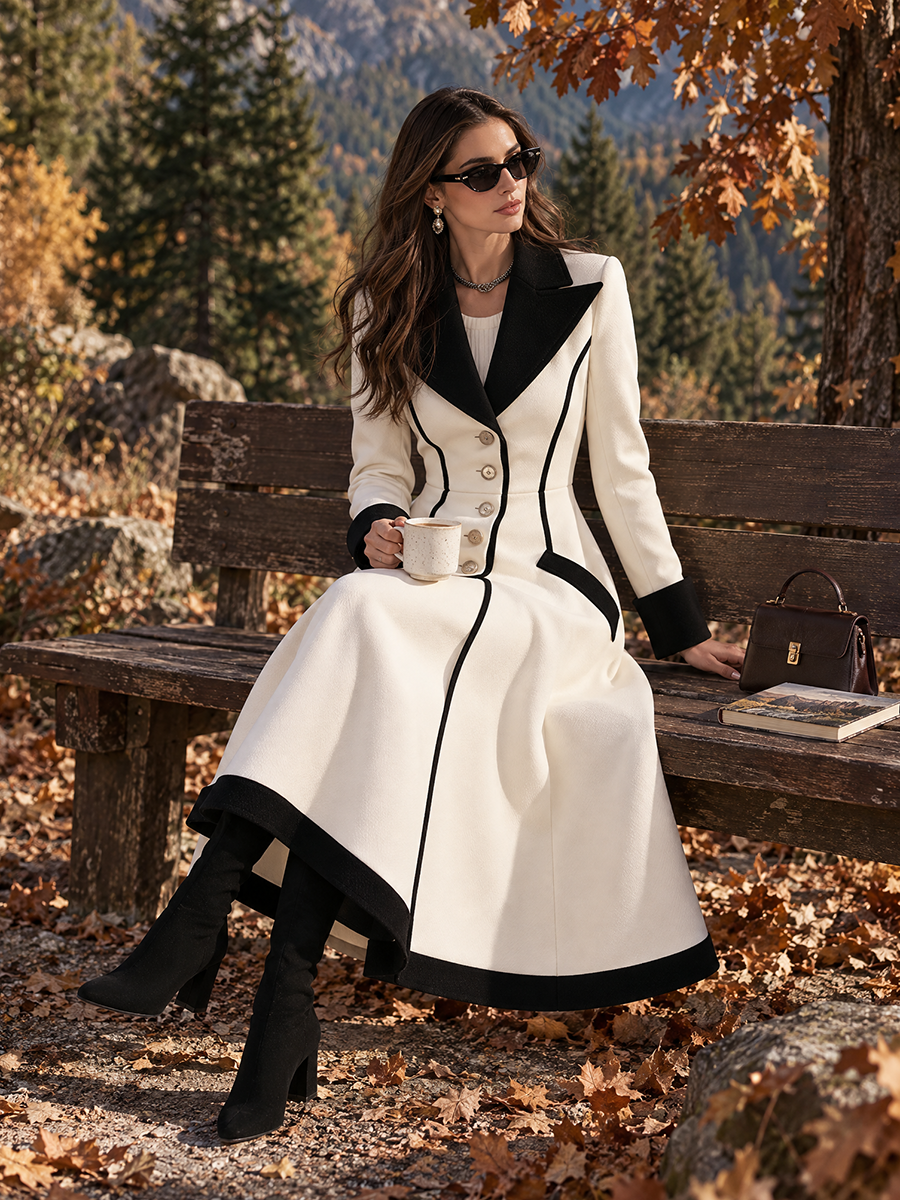 Ivory & Black Contrast-Trim Gold-Button Structured Fabric Fit-and-Flare Coat