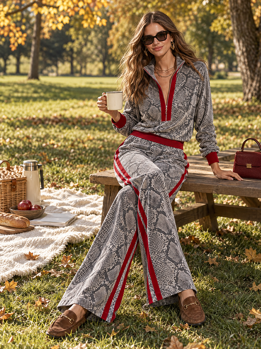 Snake-Print Velour-Look Half-Zip Pullover & Wide-Leg Pants Two-Piece Set