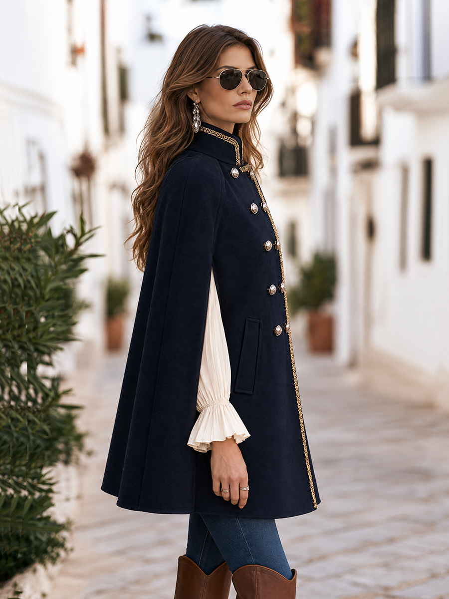 Navy Gold Braided Trim Double Breasted Stand Collar Military Cape Coat