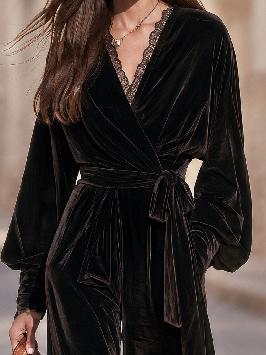 Velvet Wrap V-Neck Lace Trim Self-Tie Waist Zebra Print Wide Leg Jumpsuit