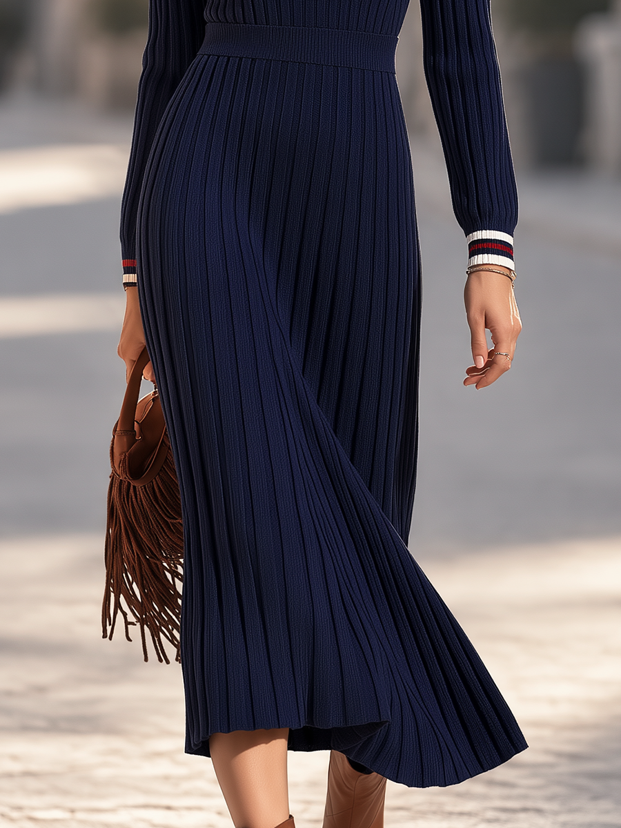 Striped Collar V-Neck Ribbed Knit Long Sleeve Fit-and-Flare Navy Midi Dress
