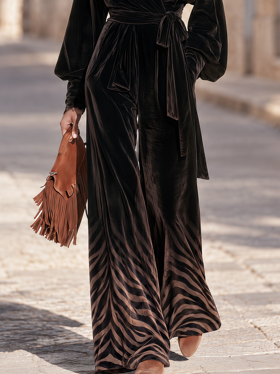 Velvet Wrap V-Neck Lace Trim Self-Tie Waist Zebra Print Wide Leg Jumpsuit
