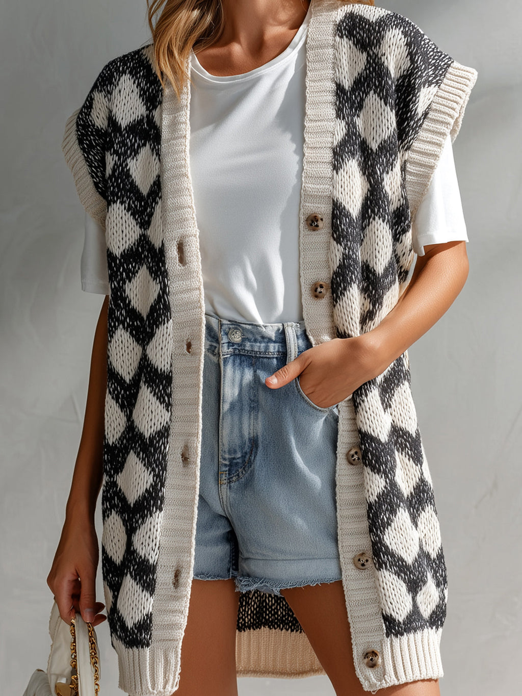 Chic Casual Black-Beige Geometric Jacquard V-Neck Single-Breasted Sleeveless Oversize Knit Vest