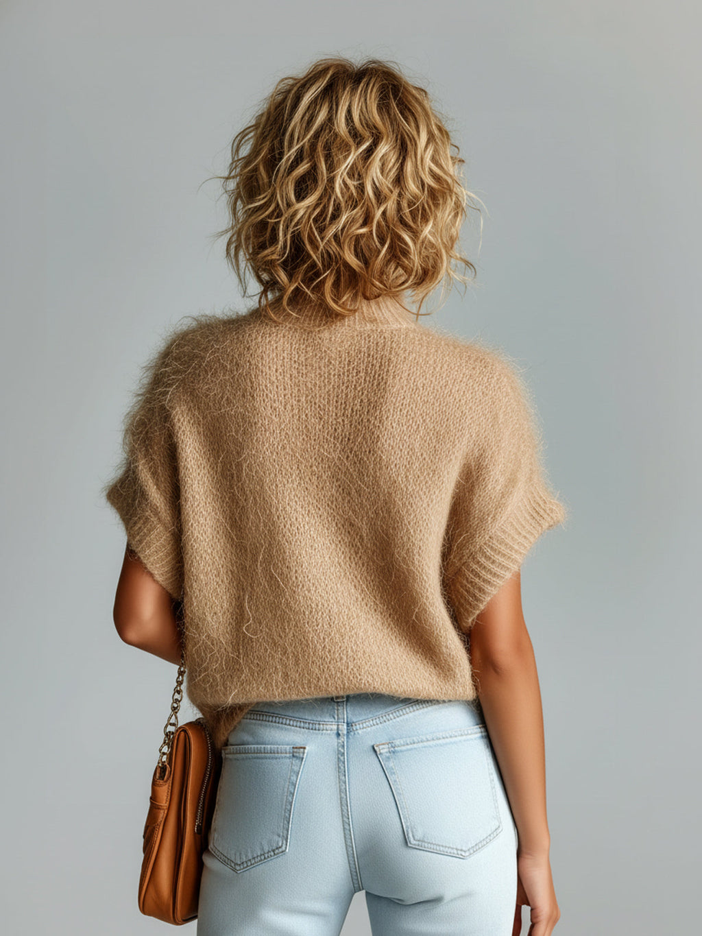 Chic Vintage Camel Mock Neck Short Sleeve Loose Fuzzy Mohair Knit Sweater Top