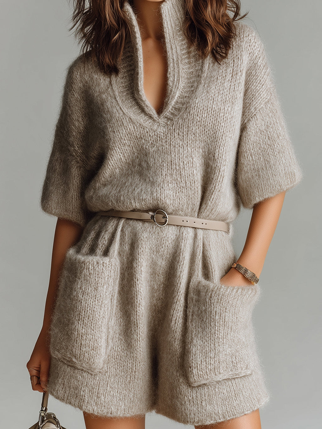 Chic Casual Light Brown Stand Collar V-Neck Short Sleeve Belted Patch Pockets Oversize Fuzzy Knit Romper