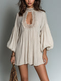 Chic Elegant Apricot Cotton Blend Mock-Neck Cutout-Detail Long-Lantern-Sleeve Loose-Fit A-Line Pleated Mini Dress
