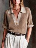 Chic Casual Beige-Camel Colorblock Polo-Neck Button Details Half Sleeve Loose-Fit Knit Sweater