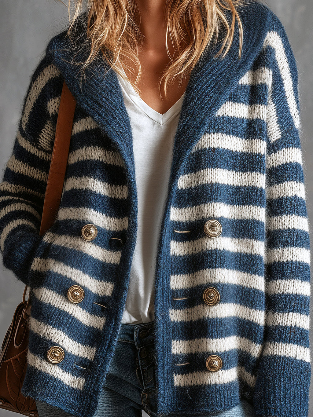 Chic Elegant Navy Blue-White Pinstripe Shawl-Collar Long-Sleeve Double-Breasted Loose-Fit Wool Blend Knit Cardigan