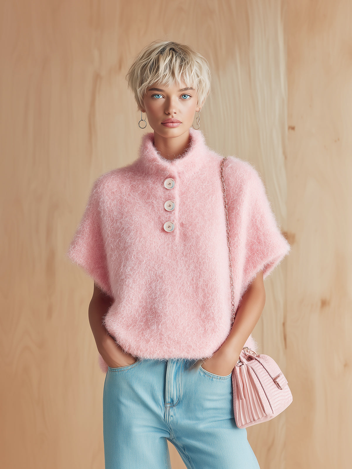 Chic Vintage Pink Stand Collar Button-Front Short-Sleeve Fuzzy Knit Sweater Top