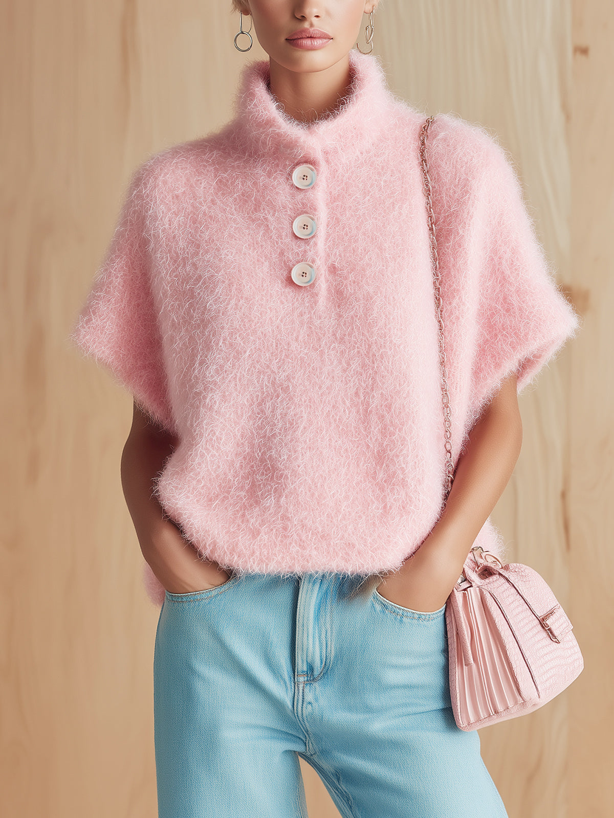 Chic Vintage Pink Stand Collar Button-Front Short-Sleeve Fuzzy Knit Sweater Top