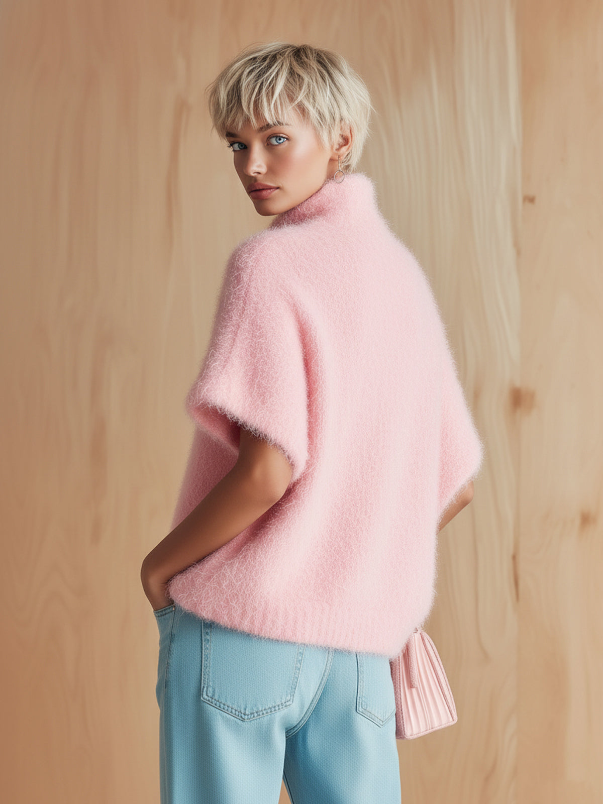 Chic Vintage Pink Stand Collar Button-Front Short-Sleeve Fuzzy Knit Sweater Top