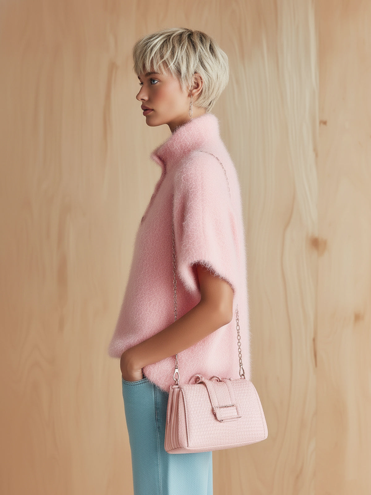 Chic Vintage Pink Stand Collar Button-Front Short-Sleeve Fuzzy Knit Sweater Top