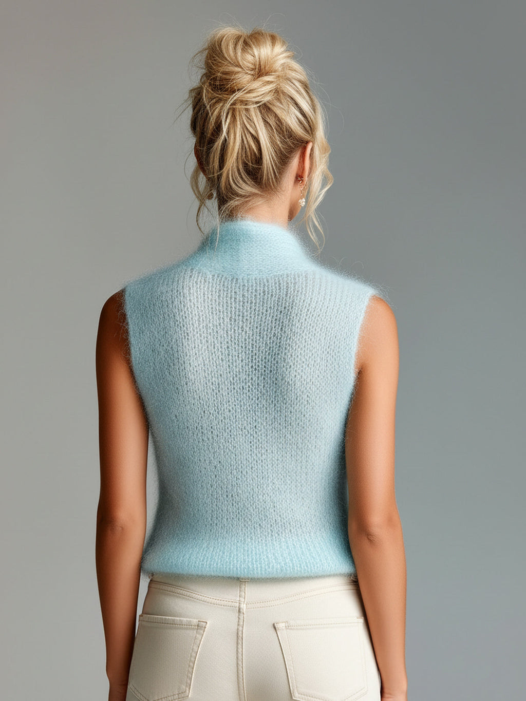 Chic Elegant Light Blue Stand Collar V-Neck Button Detail Slim-Fit Mohair Knit Vest