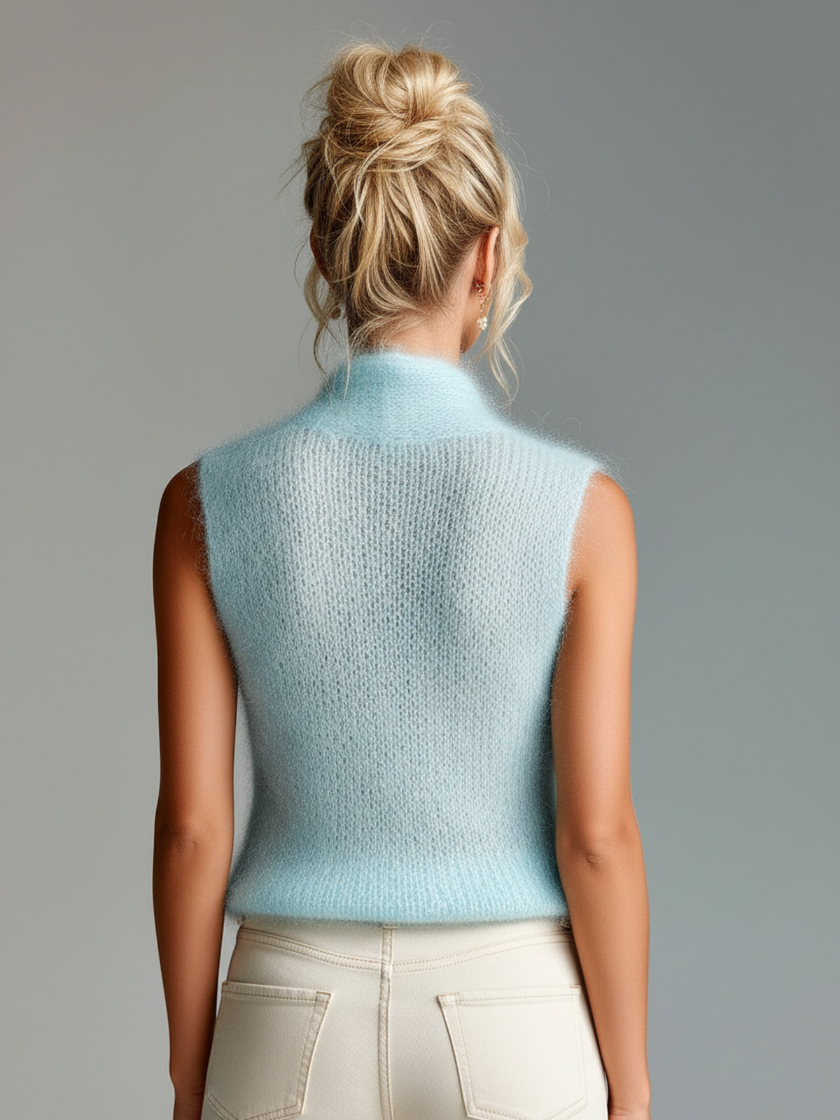 Chic Elegant Light Blue Stand Collar V-Neck Button Detail Slim-Fit Mohair Knit Vest