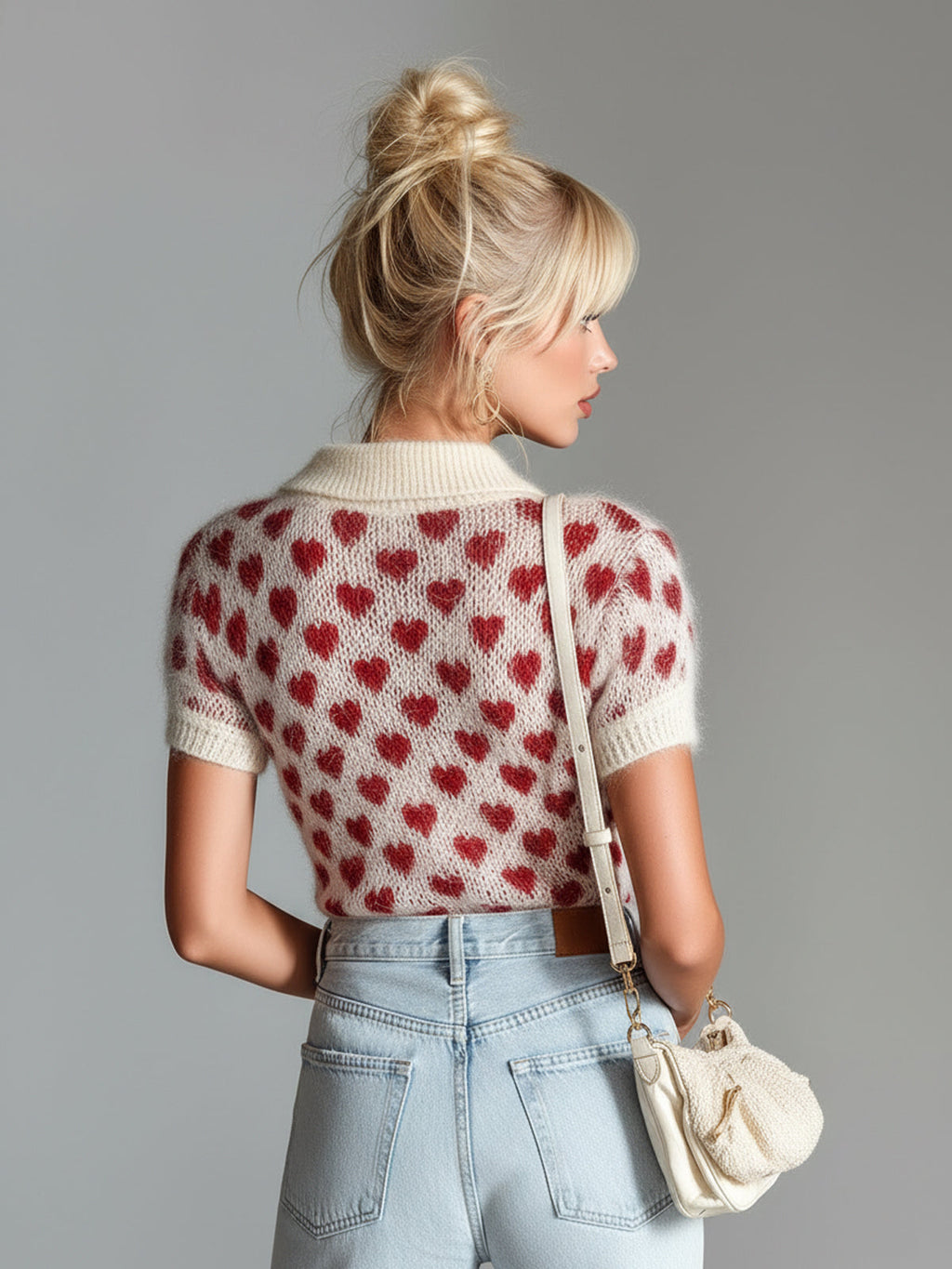 Chic Elegant Red Beige Heart Pattern Lapel V-Neck Short-Sleeve Slim-Fit Knit Sweater Top