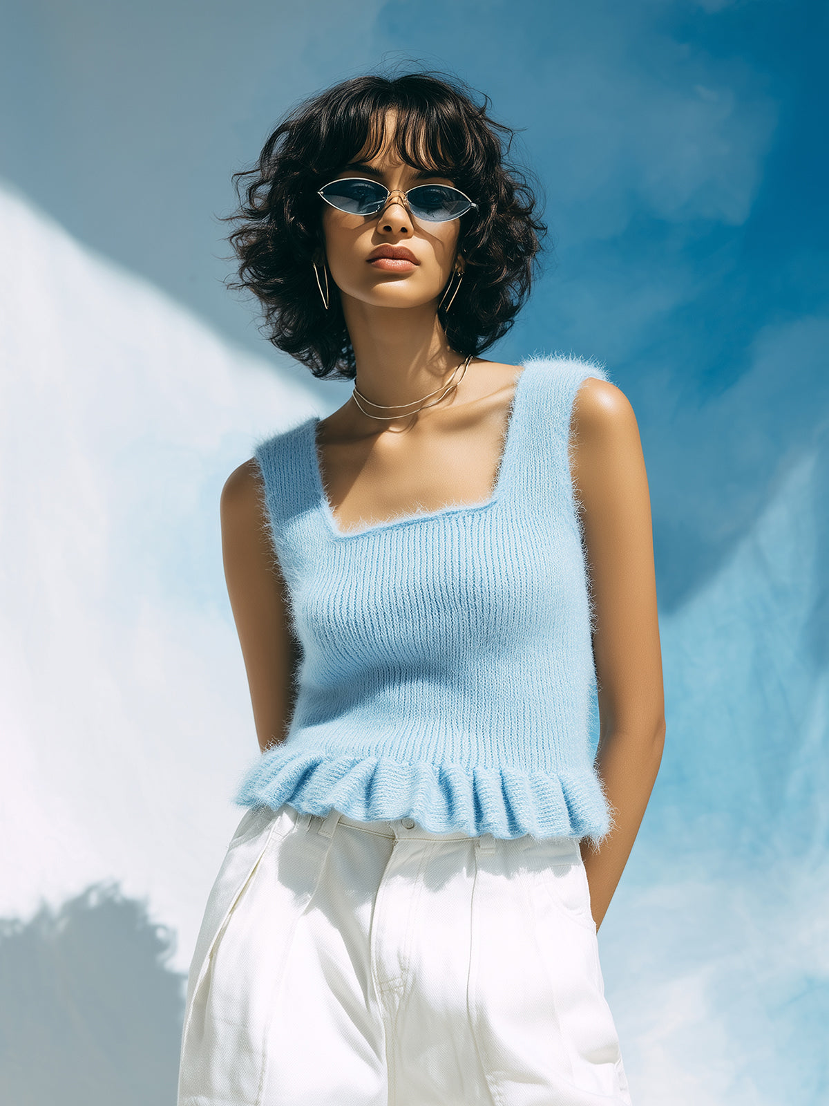 Chic Casual Blue Square Neck Sleeveless Pleated Hem Slim-Fit Ribbed Fuzzy Knit Tank Top