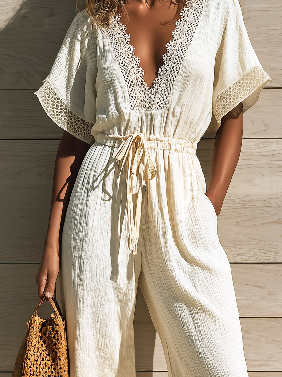 Chic Elegant White V-Neck Openwork Lace Trim Short-Sleeve Loose Elastic-Waist Crinkled Fabric Wide-Leg Jumpsuit
