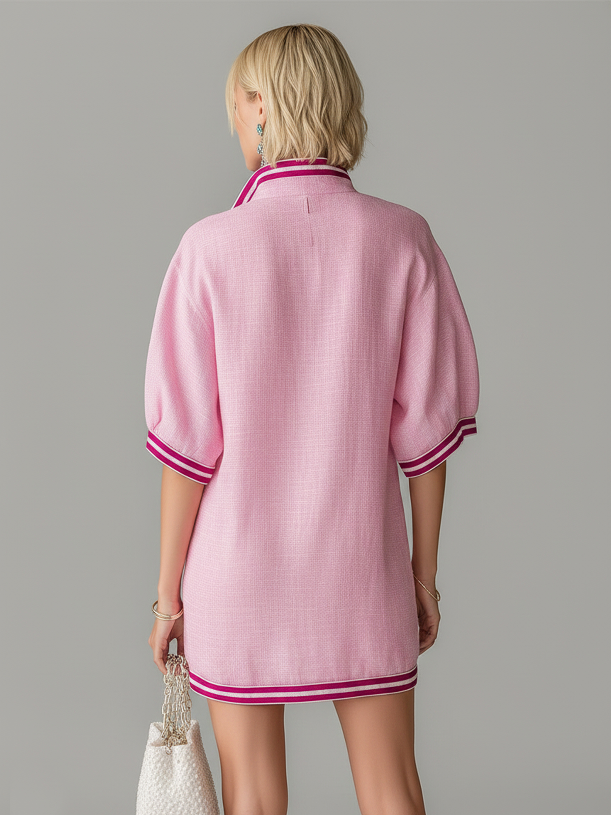 Chic Casual Pink Colorblock  Stand-Collar Zipper-Front Short-Sleeve Loose-Fit Cotton-Linen Blend  Mini Dress