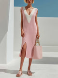 Chic Elegant Pink-White Colorblock V-Neck Sleeveless Loose-Fit Slit Hem Knit Midi Dress