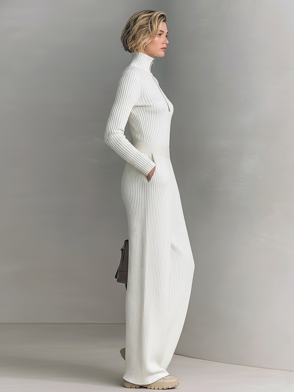 Chic Elegant Zip-up Mock Neck Slim-Fit Sweater Elastic Waist Wide-Leg Pants Knit Two-Piece Set