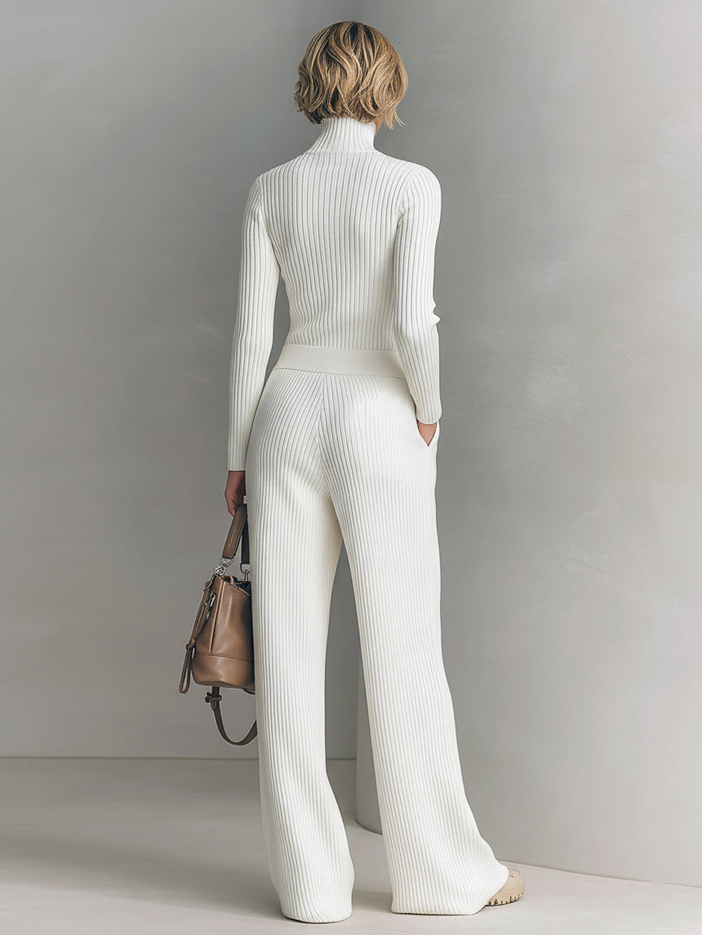 Chic Elegant Zip-up Mock Neck Slim-Fit Sweater Elastic Waist Wide-Leg Pants Knit Two-Piece Set