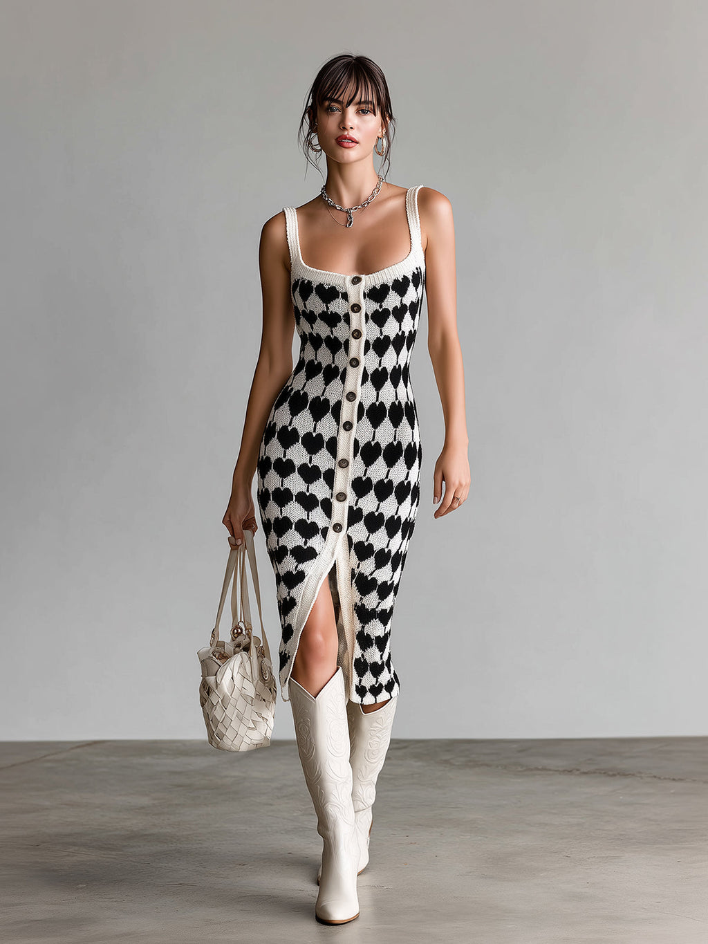 Chic Elegant Black-White Heart Pattern Strappy Single-Breasted Slim-Fit Knit Midi Dress