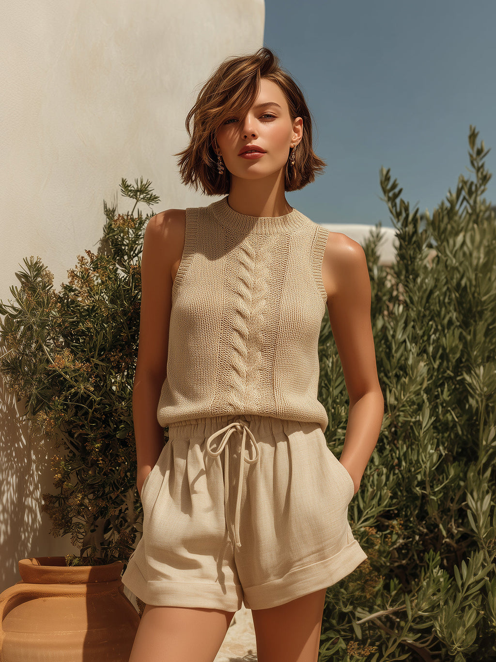 Chic Elegant Camel Round-Neck Loose-Fit Cable-Knit Vest Top  Cotton-Linen Blend Shorts Two-Piece Set