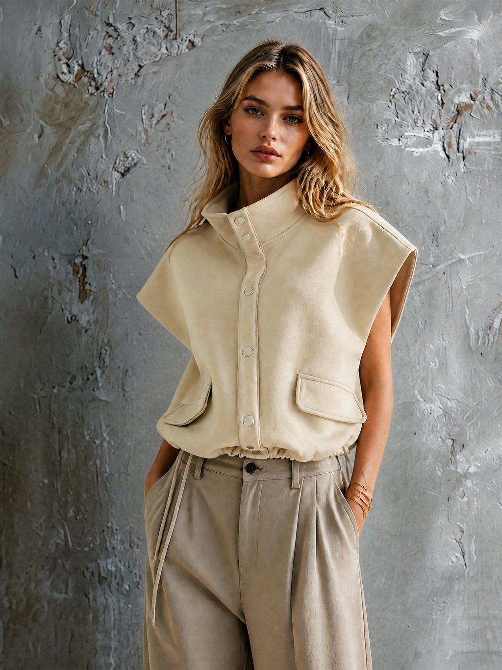 Chic Casual Off‑White Stand Collar Snap Button Flap Pocket Sleeveless Drawstring Waist Loose-Fit Woven Fabric Utility Vest
