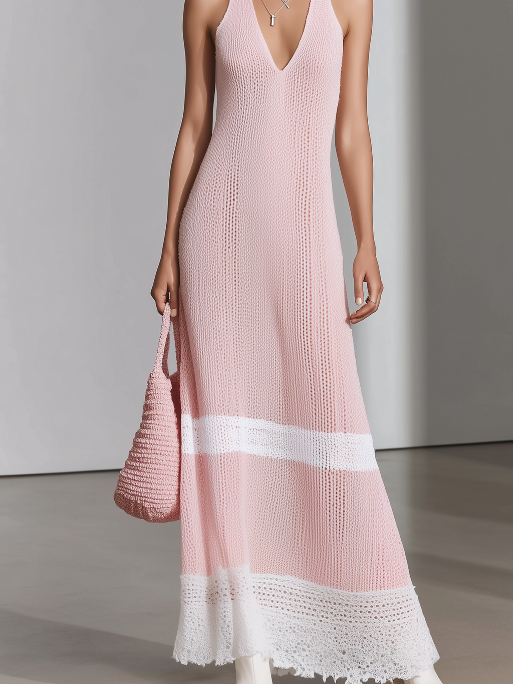 Chic Elegant Colorblock V-Neck Sleeveless Loose A-Line Knit Maxi Dress
