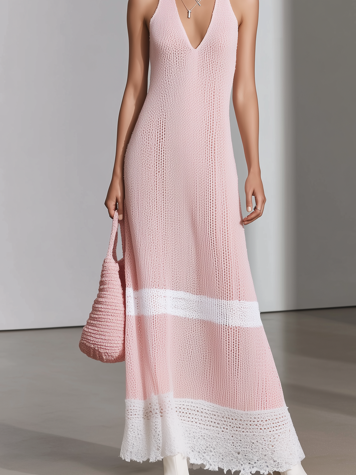 Chic Elegant Colorblock V-Neck Sleeveless Loose A-Line Knit Maxi Dress