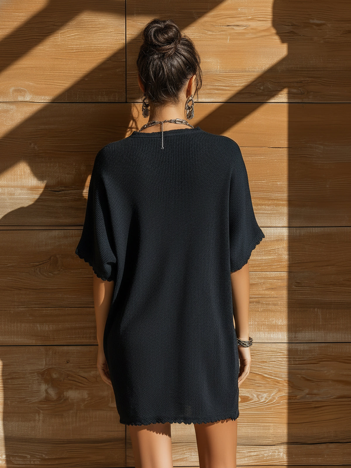 Chic Vintage Black Deep V-Neck Lace Trim Details Short-Sleeve Oversize Breathable Ribbed Knit Mini Dress