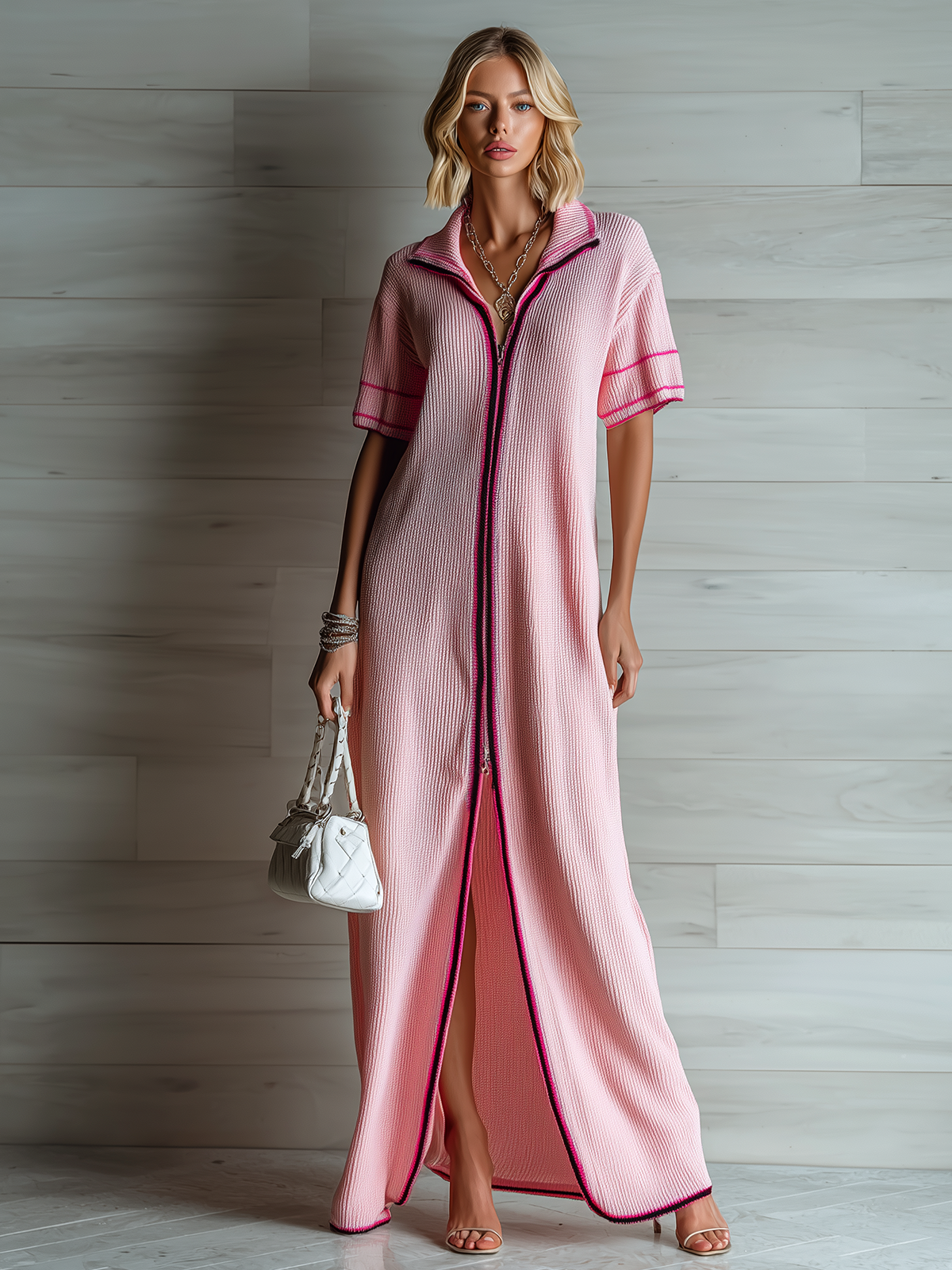 Stylish Elegant Pink Colorblock Lapel Collar Zip-Front Short-Sleeve Loose-Fit Ribbed Knit Maxi Dress