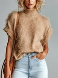 Chic Vintage Camel Mock Neck Short Sleeve Loose Fuzzy Mohair Knit Sweater Top