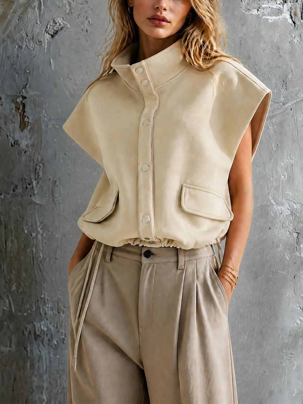 Chic Casual Off‑White Stand Collar Snap Button Flap Pocket Sleeveless Drawstring Waist Loose-Fit Woven Fabric Utility Vest